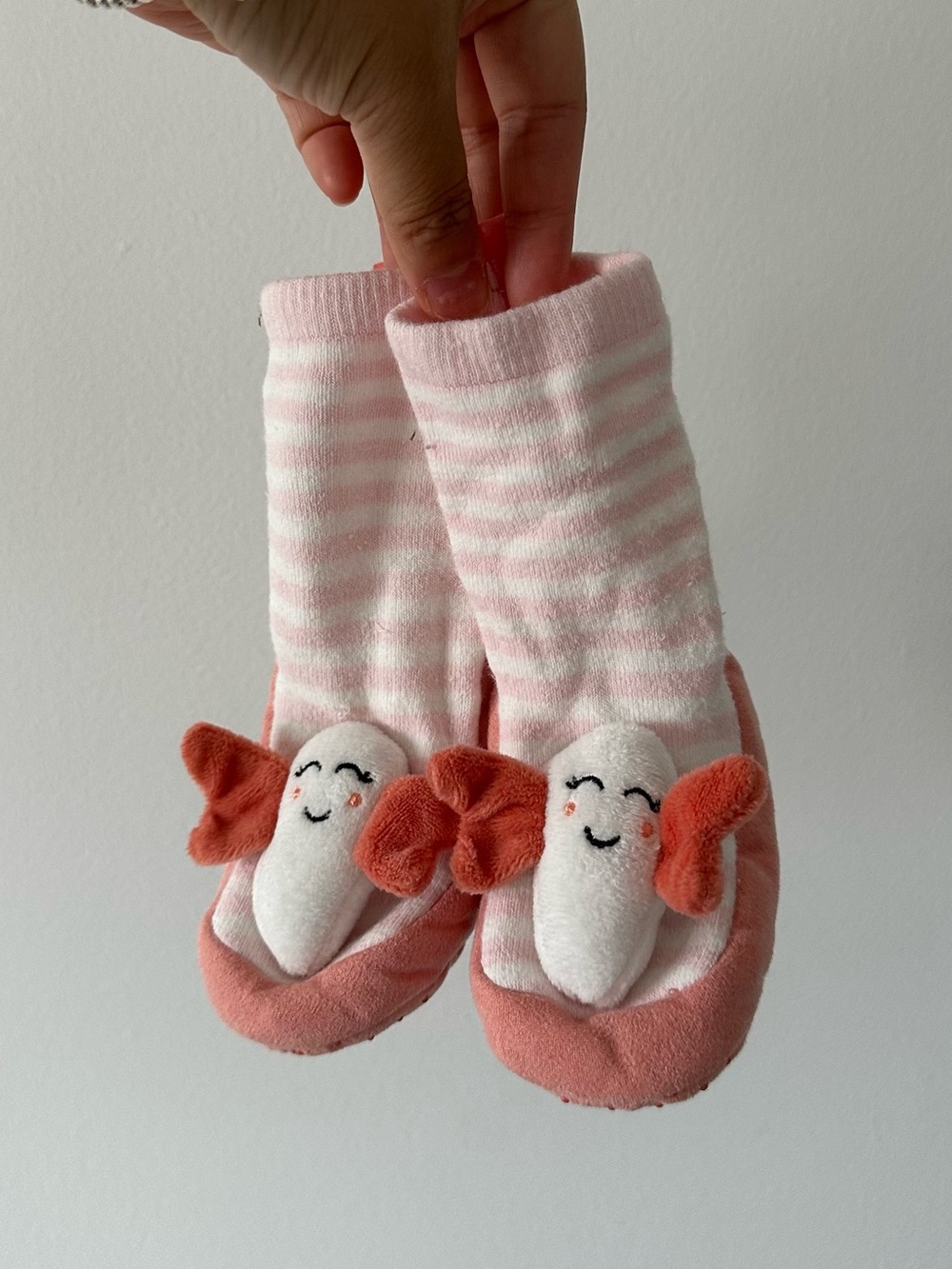 Pink Striped Baby Bootie Socks with Smiley Plush Detail